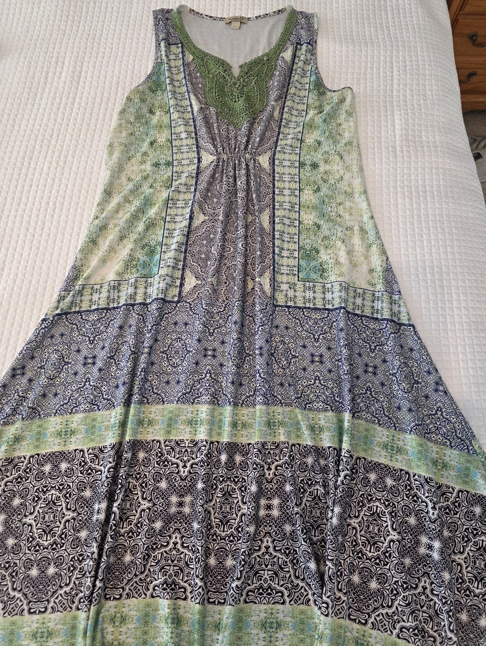 One World Sleeveless Green & Blue Patterned Maxi Dress with Crochet Detail